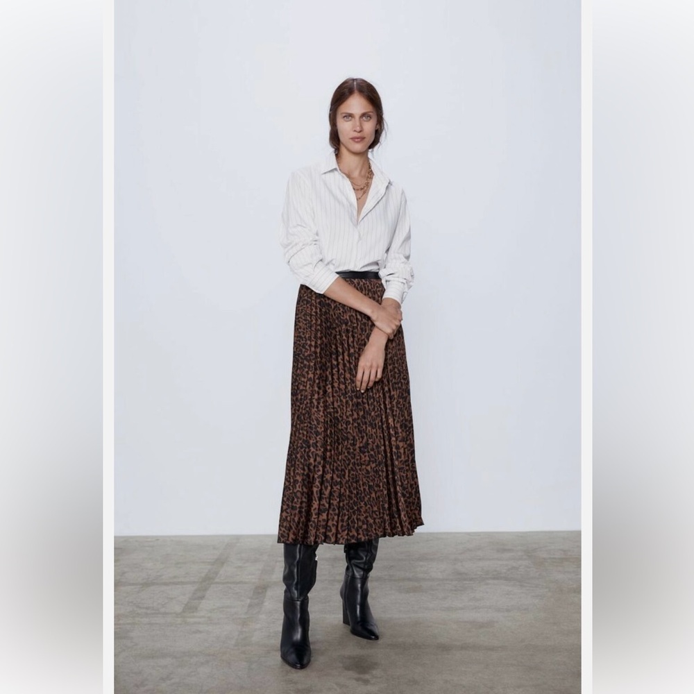 Zara Pleated Leopard Print Midi Skirt